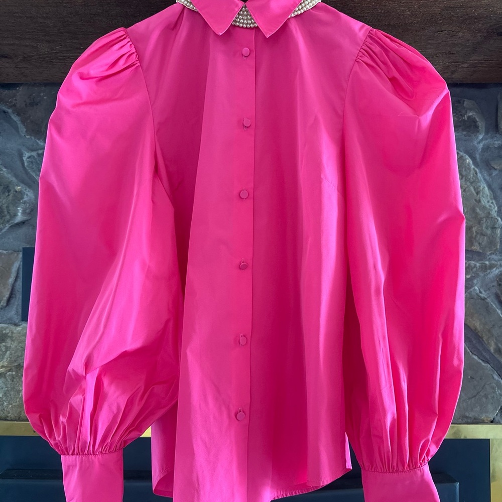 Hot Pink Puff Sleeve Blouse | Vintage-Inspired Statement Top | Size S